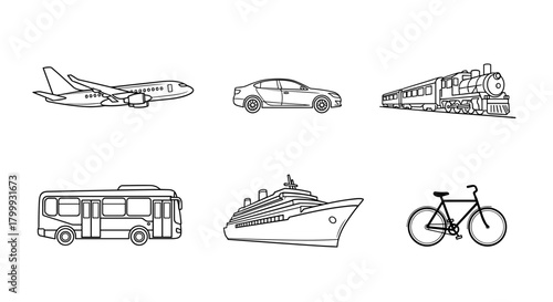 Set of transport isolated on for coloring book page activity