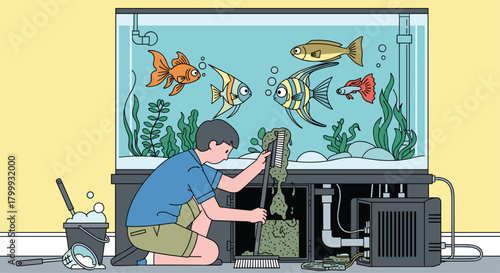 Young boy diligently cleans colorful aquarium filled with vibrant fish and lush aquatic plants, creating a healthy home