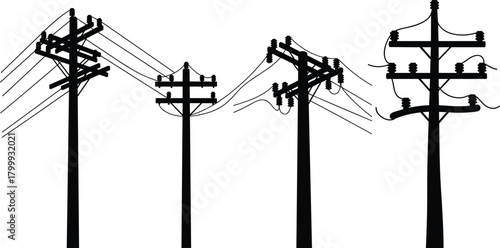 Black silhouette set of electric utility poles with power lines and insulators, electricity transmission structure design for industrial infrastructure graphics