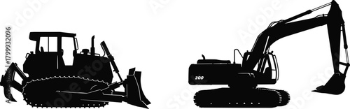 Bulldozer and excavator silhouette illustration, heavy construction machinery vector graphic for industrial earthmoving, digging, grading and building project equipment