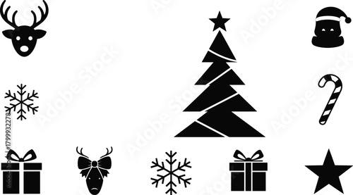 Christmas holiday icon set featuring Christmas tree, reindeer, snowflakes, Santa face, candy cane, gift boxes and star silhouette illustrations
