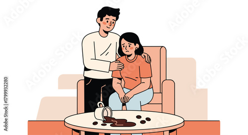 Caring partner comforts sad woman after coffee spill, offering support during a difficult moment at home