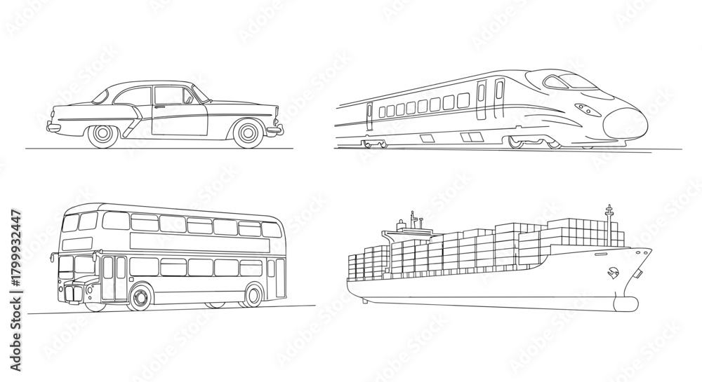 Fototapeta premium A collection of outlined transportation vehicles, isolated on