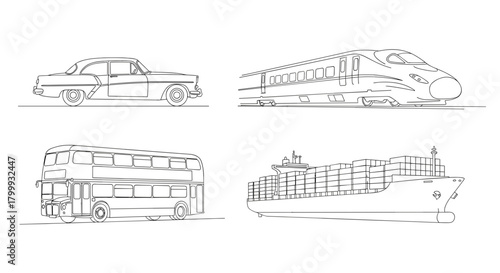 A collection of outlined transportation vehicles, isolated on