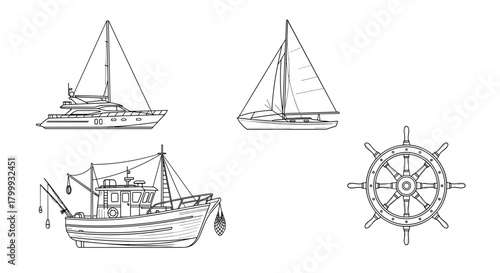 Collection of nautical vessel line art, including a yacht, fishing boat and wheel