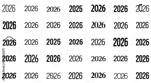 A collection of the year 2026 displayed in various fonts and styles, with some instances of 2025, isolated on a