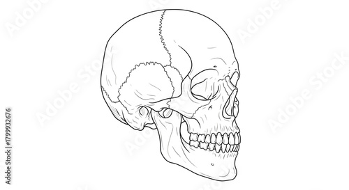 Detailed line drawing of a human skull isolated on anatomy