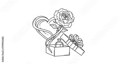 Line art of ring in gift box with rose and heart isolated on