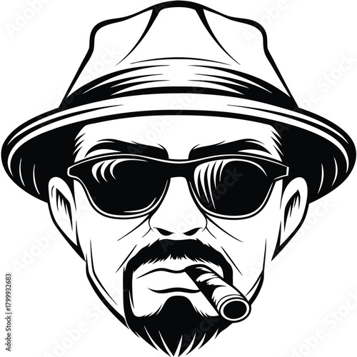 Monochrome illustration shows a gangster wearing sunglasses and a hat while smoking a cigar