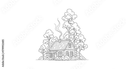 Line art of a cozy cabin nestled among trees isolated on