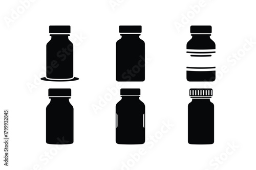 Medicine Pill Bottle Silhouette Icon Set