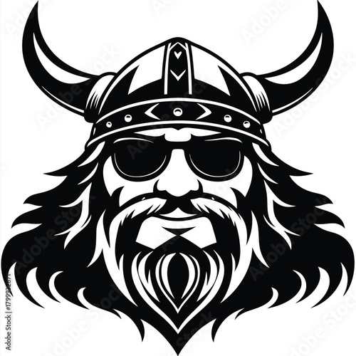 Monochrome Viking warrior with a horned helmet and sunglasses looks bold and powerful