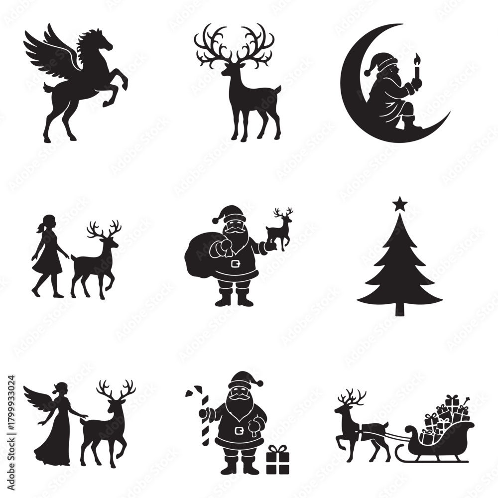 Fototapeta premium Christmas Mythical Character and Reindeer Silhouette Set