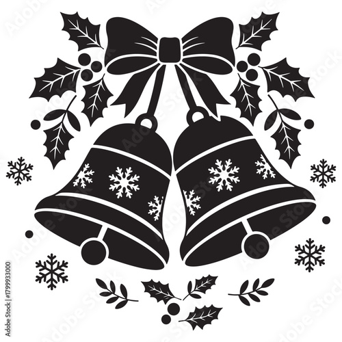 Christmas Jingle Bells with Holly and Snowflakes Silhouette