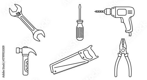 Hand tools line art illustration isolated on