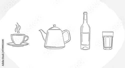 Hand drawn sketch of tea cup, teapot, wine bottle and glass isolated on