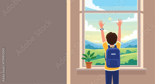 Excited child with backpack eagerly awaits adventure outside, arms raised in joy looking at sunny landscape