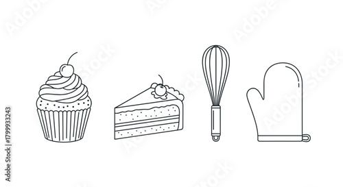 Baking and dessert icons isolated on, cupcake, cake, whisk, glove