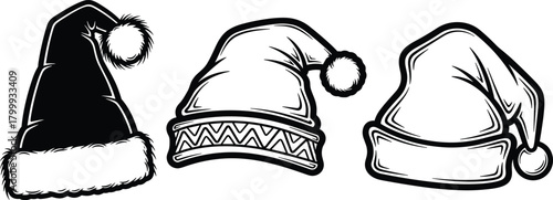 Christmas Santa hat illustrations, festive holiday hat designs, winter season accessories, cartoon style Santa caps, decorative Christmas graphic elements