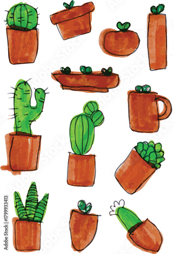 Cactus and Succulent Plants in Pots: Watercolor Illustration