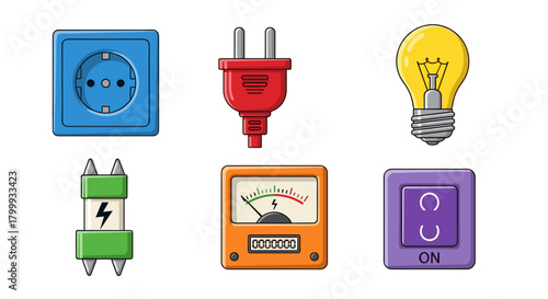 Electrical equipment isolated on, plug, socket, bulb, fuse, meter