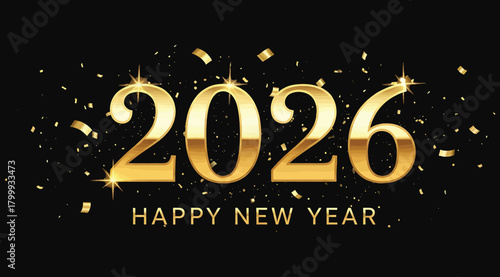 Golden 2026 text with confetti and sparkles on a, wishing a happy new year, symbolizing celebration and the start of a new beginning with festive elements and a luxurious feel