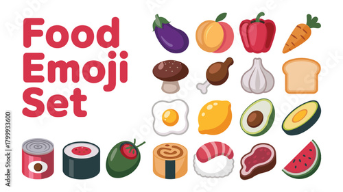Assortment of Food Emojis Including Fruits Vegetables and Prepared Dishes collection illustration