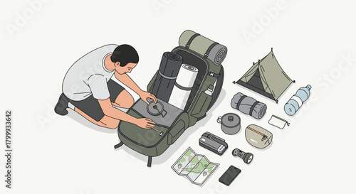 Adventurous person meticulously packing backpack with essential camping gear for an exciting outdoor expedition