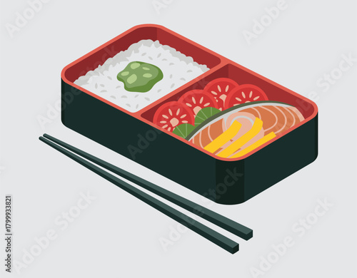 Japanese Bento Box with Salmon Rice and Vegetables and Chopsticks japanese food lunch box