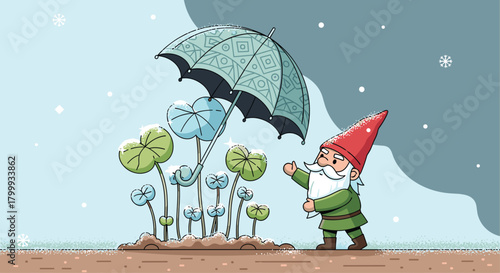 Whimsical gnome protects delicate sprouts from falling snow under a decorative umbrella in a charming winter scene