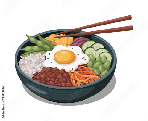 Korean Bibimbap Dish with Fried Egg and Chopsticks on White Background korean food asian cuisine
