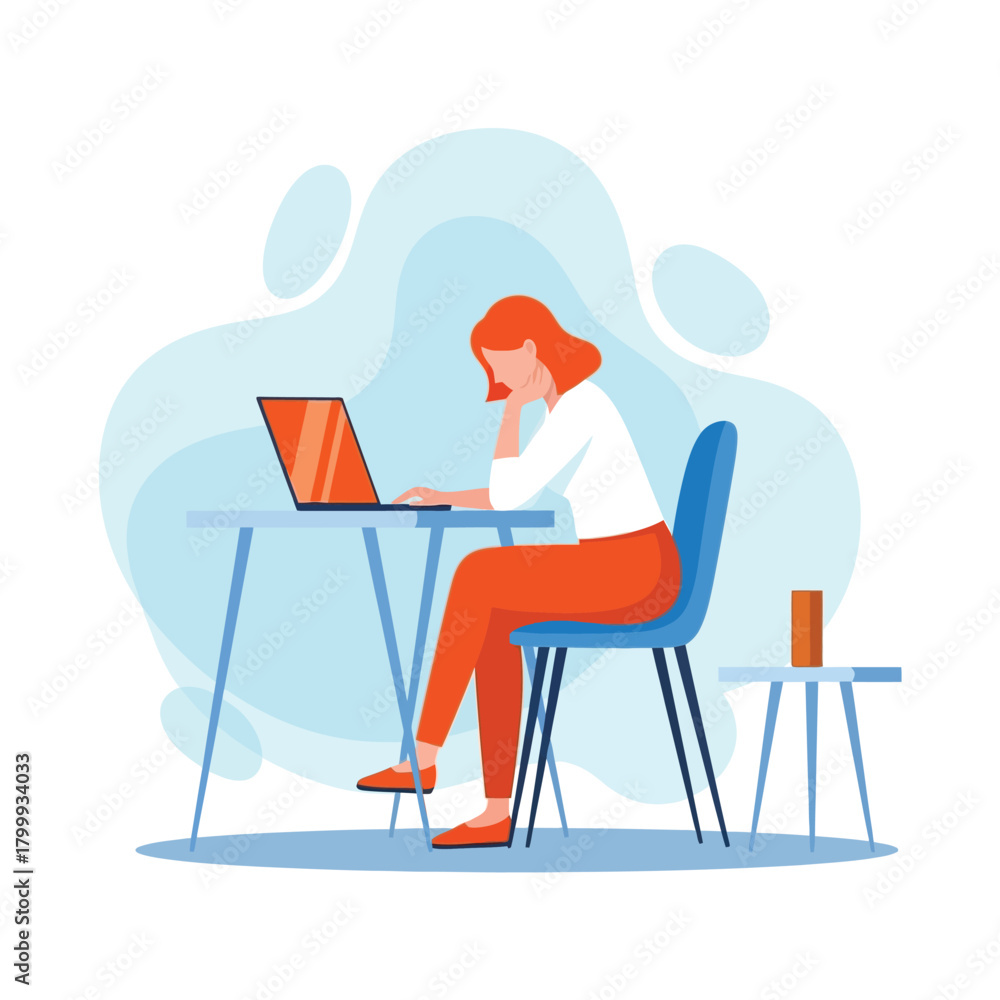 Fototapeta premium A woman with red hair is working on her laptop at her desk, wearing an orange pants and a shirt, on