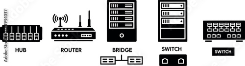 Hub, Router, Bridge, and Switch - Essential Black and White Vector Graphics for Internet and Data Communication Diagrams.