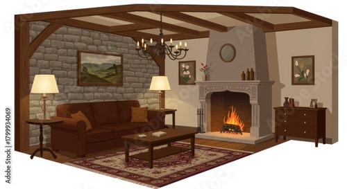 Cozy living room interior illustration with fireplace and warm lighting