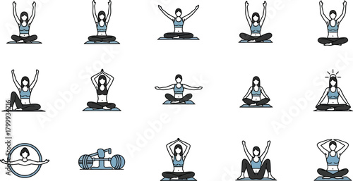 Yoga poses set with diverse positions for wellness and fitness practice