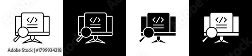 Monitor icon set in line and glyph style on black and white background