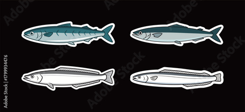 Collection of Fish Stickers Vector Illustration: Multiple Species of Mackerel, Saury, and Eel with Detailed Flat Design for Seafood and Marine Life