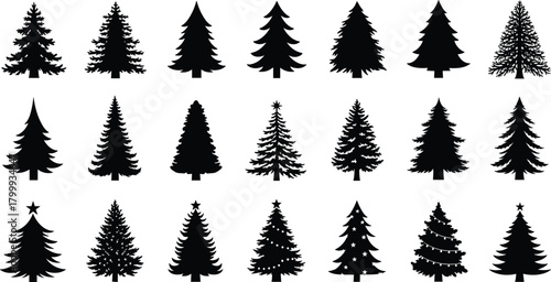 Collection of black Christmas tree silhouettes featuring holiday pine, spruce and fir shapes, festive decoration elements for winter seasonal design