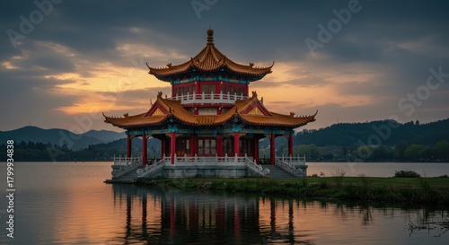 Traditional chinese pavilion at sunset on a lake with mountain backdrop