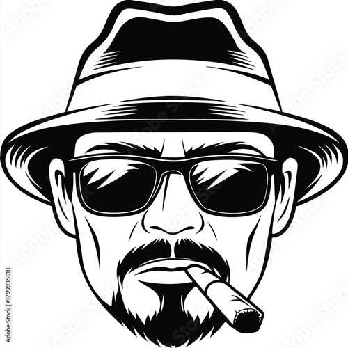 Monochrome Latino man with hat and sunglasses holds a cigar in his mouth