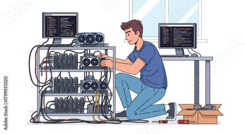 Skilled technician meticulously assembling cryptocurrency mining rig with multiple GPUs and computers for digital asset generation