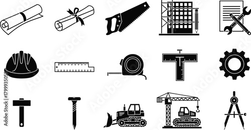 Collection of construction tools and engineering icons including blueprints, saw, hard hat, measuring tools, crane, bulldozer and industrial gear symbols
