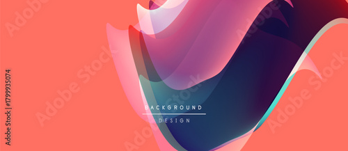 Abstract fluid shapes overlap, creating dynamic colorful background. Coral tone dominates surrounding design elements.