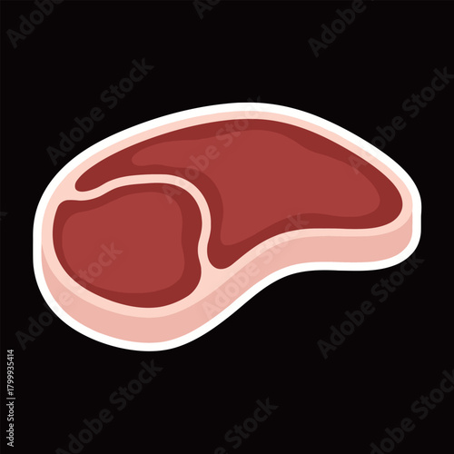 Raw Beef Steak Sticker Vector: Uncooked Red Meat Cut in Flat Design with Bone and Fat Marbling for Butcher Shop and Food Themes