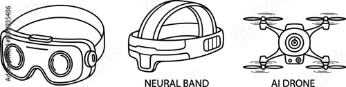Virtual Reality Headset, Neural Band Brainwave Interface, and AI Quadcopter Drone for Modern Communication, Gaming, and Health Innovation.