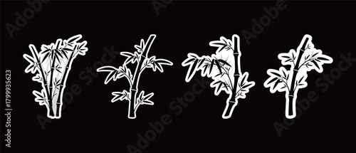 Bamboo Shoots and Stems Sticker Set Vector: Traditional Oriental Plant Elements in Black and White Outline Design for Nature and Culture