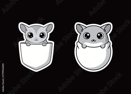 Cute Sugar Glider in Pocket Sticker Set Vector: Adorable Marsupial Animal Kawaii Cartoon Design for Pet and Children's Themes