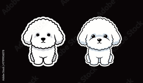Cute Bichon Frise Dog Sticker Set Vector: Adorable Fluffy White Puppy in Cartoon Flat Design for Pet, Animal, and Companion Themes