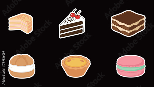 Assorted Cake and Dessert Sticker Collection Vector: Sweets Including Cake Slices, Tiramisu, Macaron, and Egg Tart in Flat Design