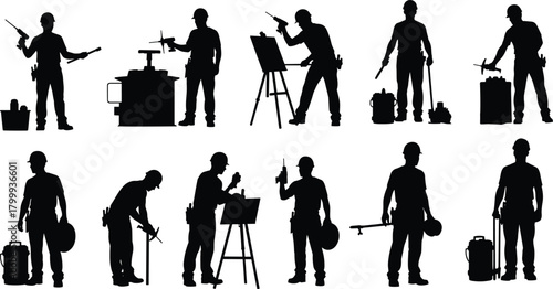 Construction technician silhouette set, workers using tools and equipment, industrial job site illustration, maintenance repair vector collection for professional workforce